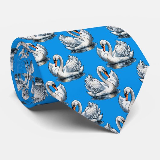 Zwaan Vogels Patroonontwerp Op Blauwe Stropdas (Opgerold)