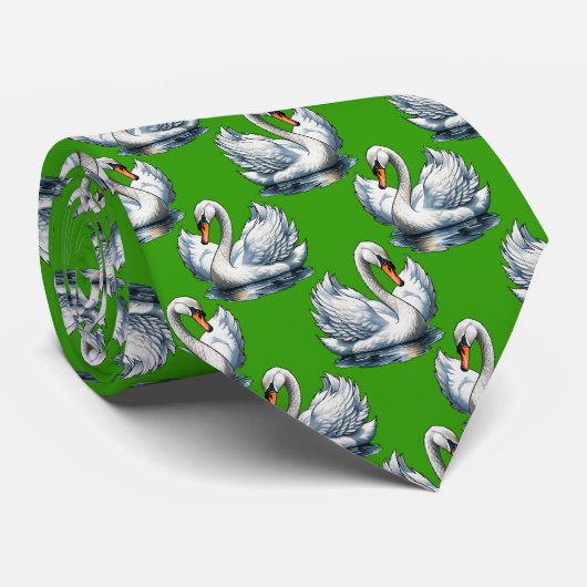 Zwaan Vogels Patroonontwerp Op Groen Stropdas (Opgerold)