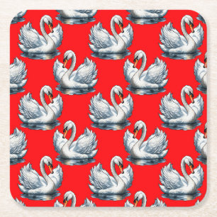 Zwaan Vogels Patroonontwerp op Rood Kartonnen Onderzetters