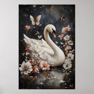 Zwaanprint met bloemen, Zwaanportret muurprint Poster