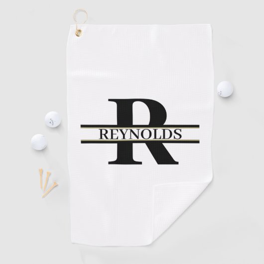 Zwaar gebold monogram en naam zwart/goud ID613 Golfhanddoek (Insitu)