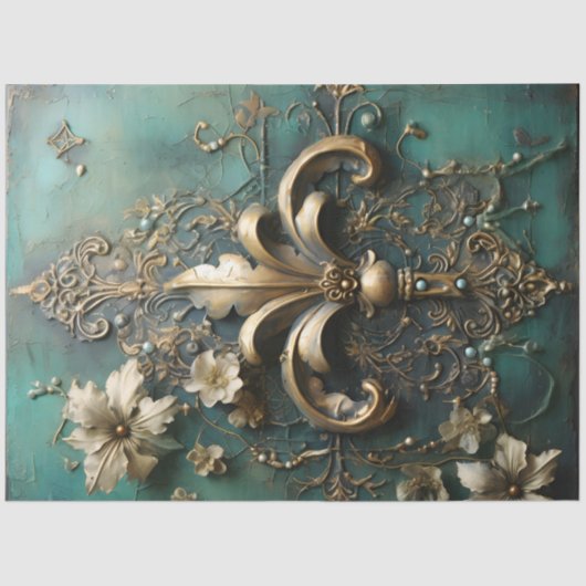 Zwaar goud barok ornament smaragdgroene vintage tissuepapier (Voorkant)