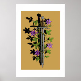 Zwaard & Clematis – Middeleeuwse Bloemige Kling Poster