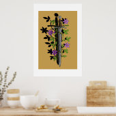 Zwaard & Clematis – Middeleeuwse Bloemige Kling Poster (Keuken)