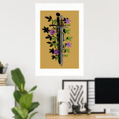 Zwaard & Clematis – Middeleeuwse Bloemige Kling Poster (Thuiskantoor)