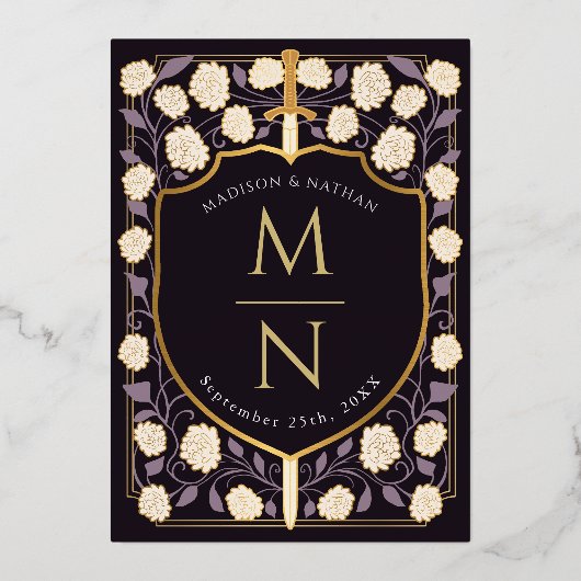 Zwaard & Schild Middeleeuwse Fantasy Monogram Brui Folie Uitnodiging (Achterkant)