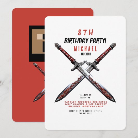 Zwaard Verjaardagsfeest Afgeronde uitnodiging (Voorkant / Achterkant)