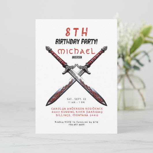 Zwaarden Rood en Wit Verjaardagsfeestuitnodiging Kaart (Staand voorkant)