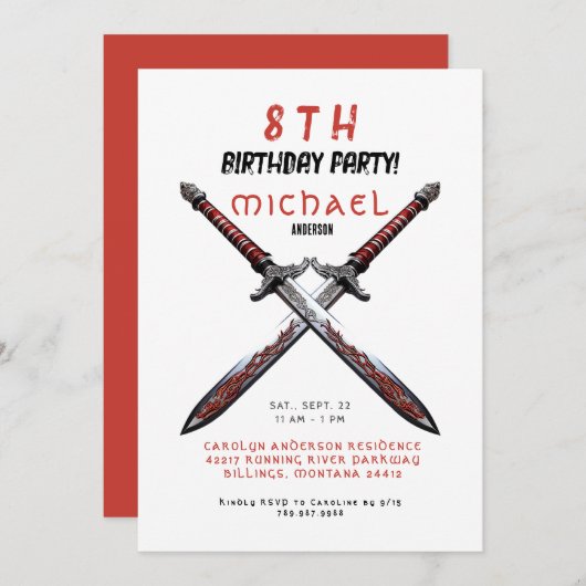 Zwaarden Rood en Wit Verjaardagsfeestuitnodiging Kaart (Voorkant / Achterkant)