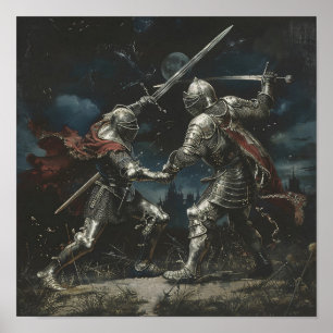 Zwaardstrijd tussen twee ridders poster