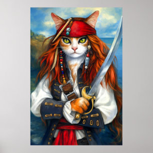 Zwaardvechtende Piraat Kat Fantasie Karakter Kun Poster