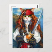 Zwaardvechter Piraat Kat | Fantasie Karakter Kunst Briefkaart (Voorkant / Achterkant)