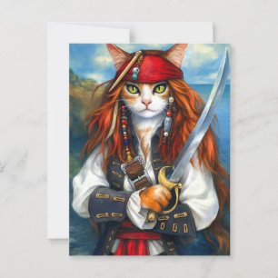 Zwaardvechter Piraat Kat   Fantasie Karakter Kunst Briefkaart