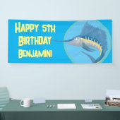 Zwaardvis zeilvis cartoon verjaardag gepersonalise spandoek (Beurs)