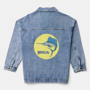 Zwaardvis zeilvis leuk cartoon illustratie denim jacket