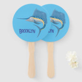 Zwaardvis zeilvis leuk cartoon illustratie handwaaier (Voorkant en achterkant)