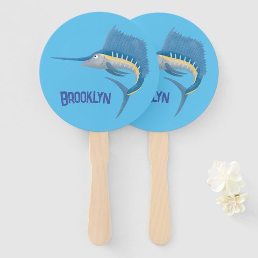 Zwaardvis zeilvis leuk cartoon illustratie handwaaier (Voorkant en achterkant)