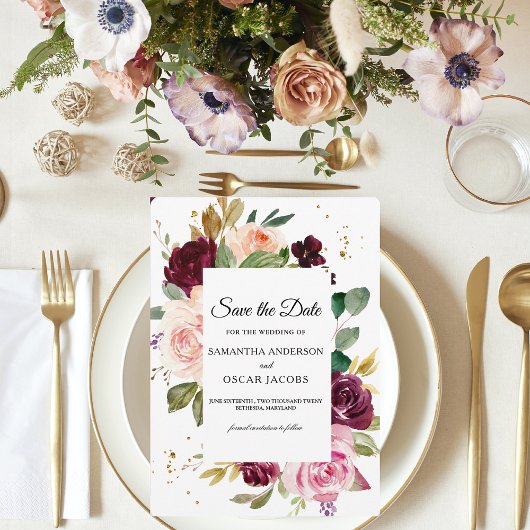 Zwaarwichtig Bordeaux Bloemmotief | Rustieke Aquar Save The Date