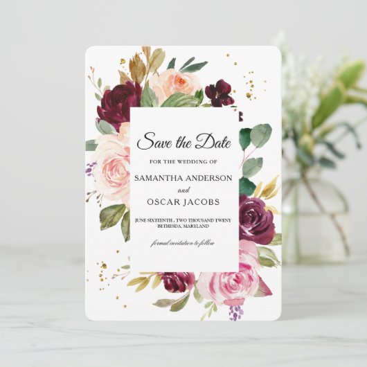 Zwaarwichtig Bordeaux Bloemmotief | Rustieke Aquar Save The Date (Staand voorkant)