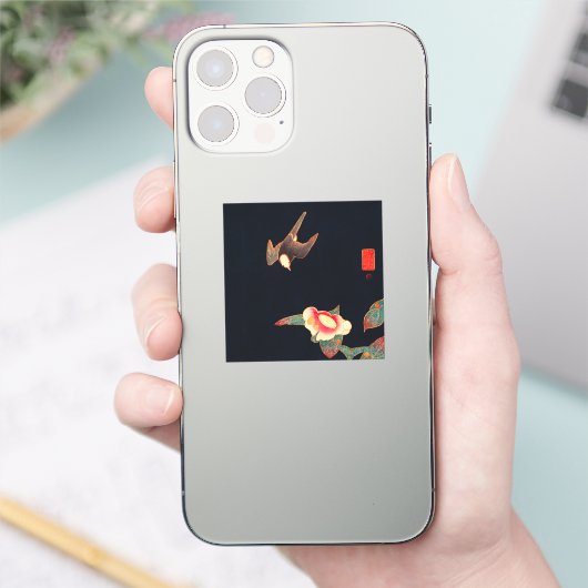 Zwaas en Camellia Flower Bird Japans Sticker (Telefoon)