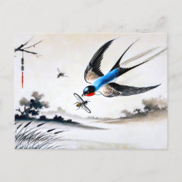 Zwaluw die een insect in de lucht vangt in Chinese Briefkaart