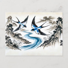 Zwaluwen die door de lucht zweven in Chinese inkt Briefkaart