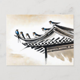 Zwaluwen die rusten op het dak van een Chinese tem Briefkaart
