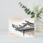 Zwaluwen die rusten op het dak van een Chinese tem Briefkaart (Staand voorkant)
