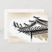 Zwaluwen die rusten op het dak van een Chinese tem Briefkaart (Voorkant / Achterkant)