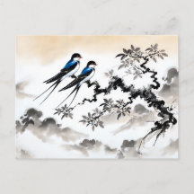 Zwaluwen neergestreken op een tak in Chinese Ink P
