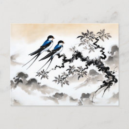 Zwaluwen neergestreken op een tak in Chinese Ink P Briefkaart