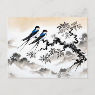 Zwaluwen neergestreken op een tak in Chinese Ink P Briefkaart
