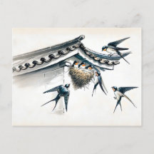 Zwaluwen voeden jong in nest in Chinese inkt pijn