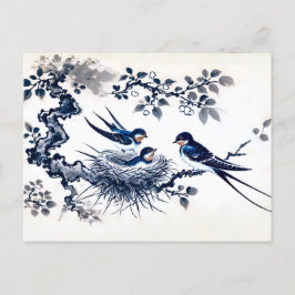 Zwaluwen voeden jong in nest in Chinese inkt pijn Briefkaart