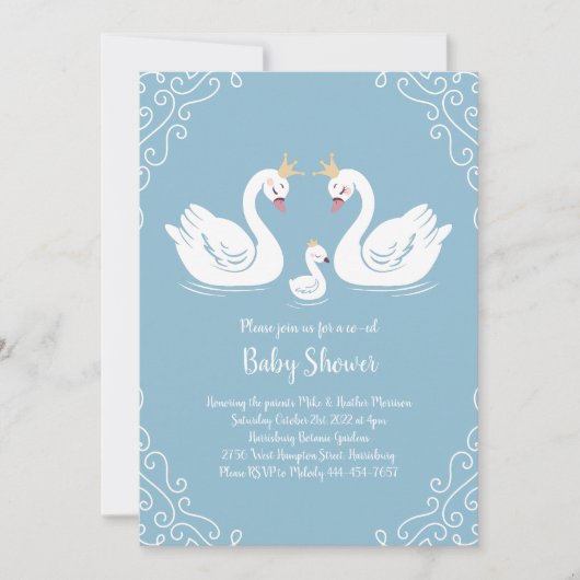 Zwanen Baby shower Vogel met Kroon Co-Ed Blauw Kaart (Voorkant)