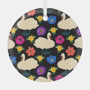 Zwanen, bloemen, met de hand getekende zwarte acht glas ornament