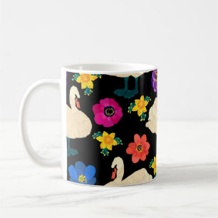 Zwanen, bloemen, met de hand getekende zwarte acht koffiemok