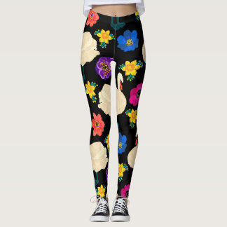 Zwanen, bloemen, met de hand getekende zwarte acht leggings