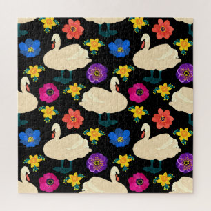 Zwanen, bloemen, met de hand getekende zwarte acht legpuzzel