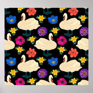 Zwanen, bloemen, met de hand getekende zwarte acht poster