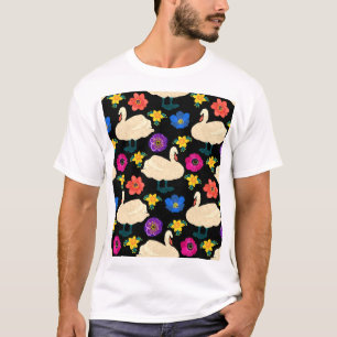 Zwanen, bloemen, met de hand getekende zwarte acht t-shirt