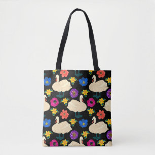 Zwanen, bloemen, met de hand getekende zwarte acht tote bag