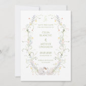 Zwanen Bloemrijke Frame Monogram Huwelijk Save The Date (Voorkant)