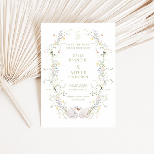 Zwanen Bloemrijke Frame Monogram Huwelijk Save The Date