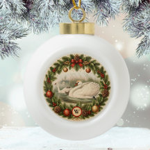 Zwanen en baby zwanen op kerstbal ornament
