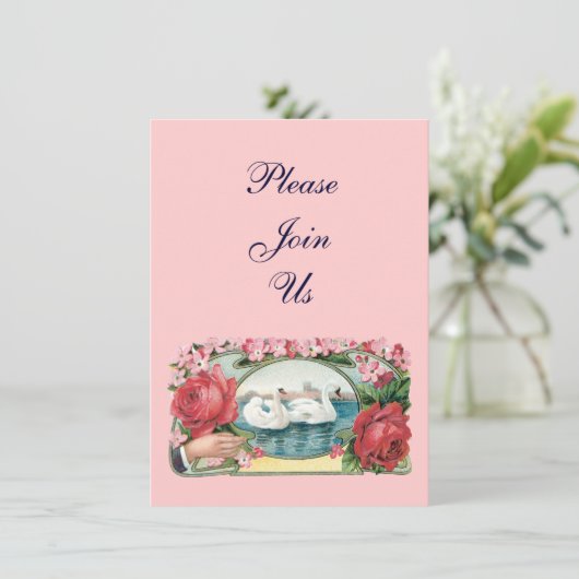 Zwanen en Rozen Aangepaste Valentijn Uitnodigingen (Staand voorkant)