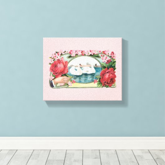 Zwanen en Rozen  kunst gewikkeld doek Canvas Afdruk (Insitu (Houten vloer))