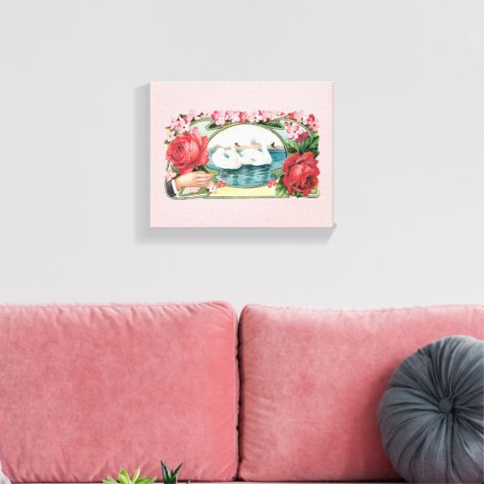 Zwanen en Rozen  kunst gewikkeld doek Canvas Afdruk (Insitu (Woonkamer))