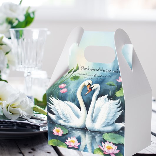 Zwanen in liefde Waterverf Lotus Lake bruiloft Bedankdoosjes