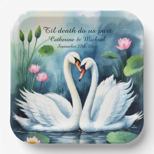 Zwanen in liefde Waterverf Lotus Lake bruiloft Papieren Bordje (Voorkant)